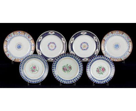 TWO PAIRS OF CHINESE EXPORT PORCELAIN FAMILLE ROSE PLATES, TWO CONTEMPORARY   PLATES AND A MATCHING SAUCER DISH, ALL QING DYN