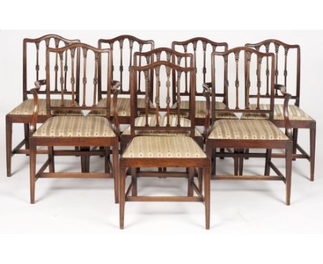 A SET OF EIGHT MAHOGANY DINING CHAIRS, EARLY 20TH C   with carved stick splats, the set including a pair of elbow chairs, 93c