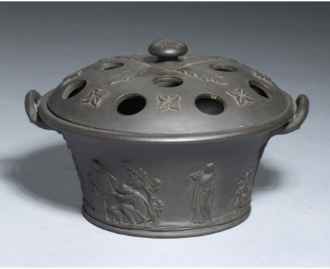 A WEDGWOOD BLACK BASALT FLOWER BASKET AND PIERCED COVER, 19TH C  16.5c m over handles, impressed mark++Good condition, no res