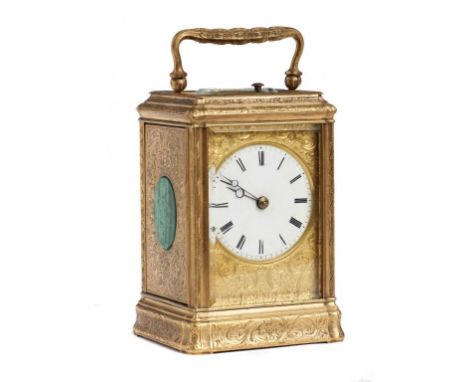 A FRENCH MALACHITE INSET GILT BRASS CARRIAGE CLOCK, LATE 19TH C in engraved gorge case, the movement striking on the hour and