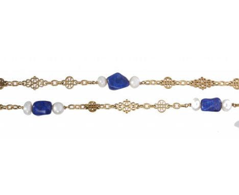 A LAPIS LAZULI AND CULTURED PEARL NECKLACE in gold, 200cm, marked 14k, 95.4g++Good condition