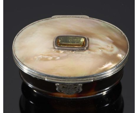 A SCOTTISH SILVER MOUNTED OVAL TORTOISESHELL SNUFF BOX,    EARLY 19TH C   with citrine set mother of pearl inset lid, applied