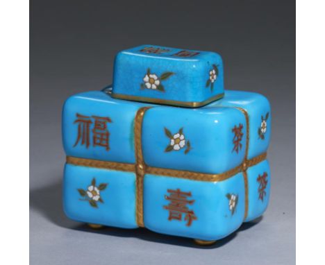 A MINTON AESTHETIC BALE SHAPED BLEU CELESTE GROUND TEA CADDY AND COVER, C1875 10cm h, indistinct impressed mark++Good conditi
