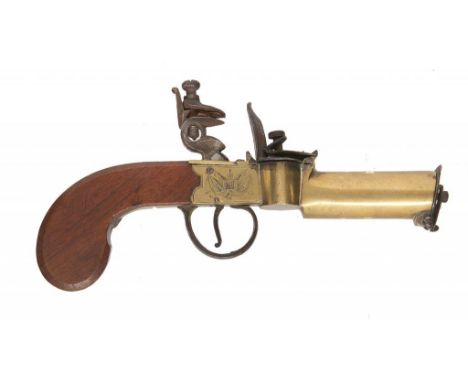 AN ENGLISH BRASS AND STEEL FLINTLOCK TINDER LIGHTER OR PISTOL, EARLY 19TH C walnut stock, 17.5cm l++Complete and in working o