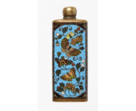 A FINE JAPANESE CLOISONNE ENAMEL SNUFF BOTTLE BY NAMIKAWA YASUYUKI, MEIJI PERIOD with butterflies and flowers on turquoise or