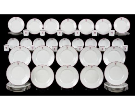 AN HUNGARIAN PUCE MONOCHROME CRESTED BONE CHINA DINNER SERVICE, C1933   plates 31.5cm diam, green printed Huttl Tivadar Budap