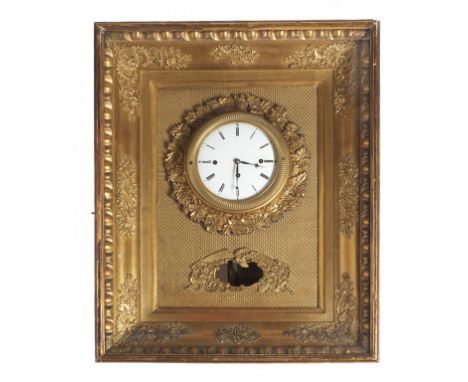 A FRENCH GILTWOOD AND COMPOSITION WALL CLOCK, C1850  of picture frame design, the three train movement with enamel dial and t
