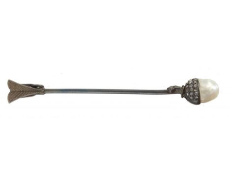 A PEARL AND DIAMOND ACORN SURETE PIN in gold, 58mm, unmarked, 2.55g++Slight build up of dirt and grime around pearl settings,