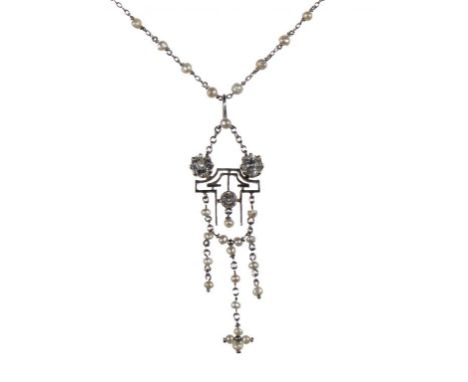 A BELLE EPOQUE DIAMOND AND PEARL SWAG PENDANT in platinum, integral platinum necklet with seed pearls at intervals, pendant 6
