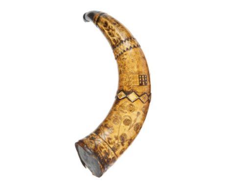 BRITISH FOLK ART.  A POKERWORK HORN, EARLY 19TH C  decorated in three registers between diamond carved bands with harp, heart