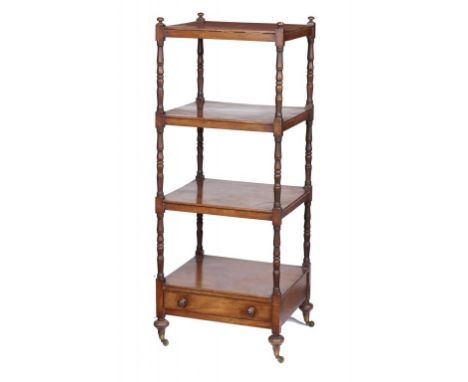 A GEORGE IV MAHOGANY WHATNOT, C1830  with mushroom finials and fitted with a drawer, on turned feet with brass castors, 128cm
