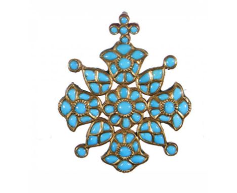 AN INDIAN TURQUOISE AND GOLD AND ENAMEL BROOCH PENDANT, RAJASTHAN AND A PAIR OF TURQUOISE AND PEARL EARRINGS, BOTH C EARLY 20