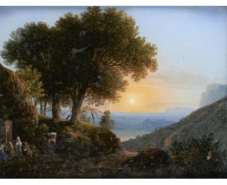 BRITISH SCHOOL AN ITALIANATE COASTAL LANDSCAPE AT SUNSET WITH FIGURES AT A WELL oil crystoleum, 19 x 25cm++Some separation be