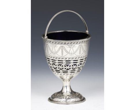 A GEORGE III PIERCED SILVER SUGAR BASKET  engraved with festoons, the underside   with contemporary initials M*C, with a blue