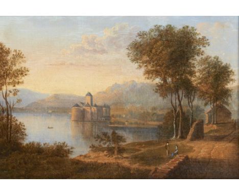 FRENCH SCHOOL, EARLY 19TH C LANDSCAPE AT SUNRISE WITH A LAKESIDE CHATEAU oil on canvas, 15 x 21.5cm++Cleaned and lined some y