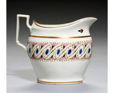 A PINXTON OVAL CREAM JUG, 1796-1813  pattern 322, with blue, green and pink enamel 'peacock'  feather  border  , 11cm h++Wear