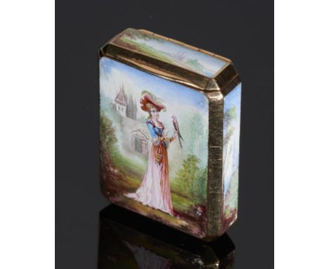 A CONTINENTAL GOLD AND ENAMEL VESTA CASE, C1900  the lid and all four sides painted with a lady falconer, squire  or pastoral