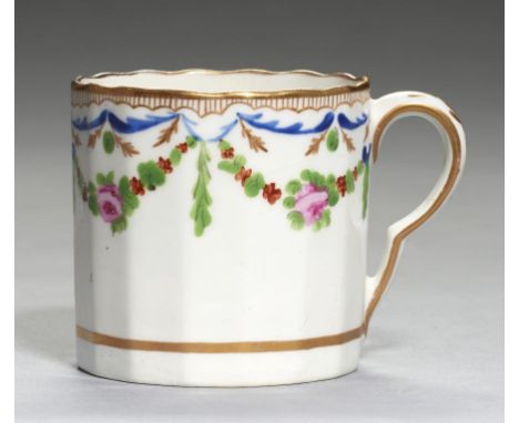 A PINXTON FLUTED COFFEE CAN,   1796-1813 pattern 225, painted in polychrome with festoons hanging from a blue enamel and gilt