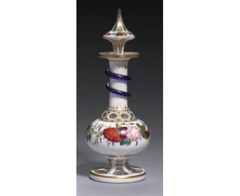 A FRENCH WHITE OVERLAY GLASS SCENT BOTTLE AND STOPER, C1860  applied with a coiled snake and painted with flowers, 17cm h++Un