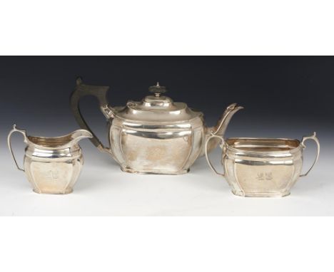 A GEORGE V SILVER TEA SERVICE  Davidge and Smyth crests, teapot 14cm h, by Harrison Brothers & Howson, Sheffield 1927, 26ozs 