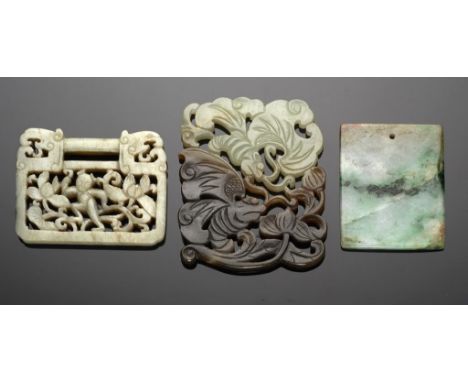 A CHINESE JADEITE PLAQUE A CARVED  JADE OPENWORK ORNAMENT AND A BELT PLAQUE, 19TH/EARLY 20TH C jadeite pendant 5-7 cm hProven