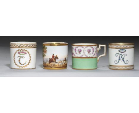FOUR PARIS AND OTHER CONTINENTAL PORCELAIN COFFEE CANS, EARLY 19TH C one painted with a continuous deer hunting scene, the in