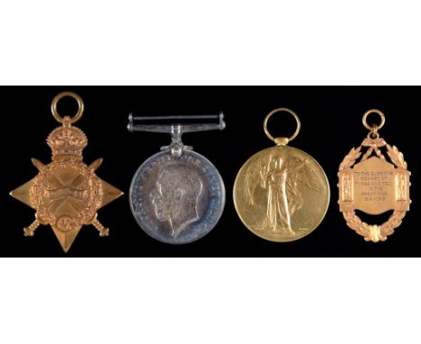 WORLD WAR ONE GROUP OF THREE AND GOLD TRIBUTE MEDAL 1914-15 Star, British War Medal, Victory Medal and 9ct gold Tribute Medal