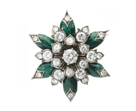 A DIAMOND AND GREEN GUILLOCHE ENAMEL FLOWER BROOCH in gold, 32mm, 18.3g++Good condition
