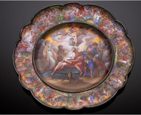 A VIENNESE ENAMEL DISH, ATTRIBUTED TO HERMAN RATZERSDORFER,  C1870  the central depiction of the Sacrifice of Iphigenia borde