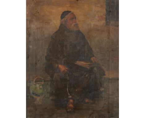 ENGLISH SCHOOL, 19TH CENTURY A SEATED FRIAR oil on canvas, reverse stencilled E S K, 50 x 39cm ++Extremely dirty, the varnish