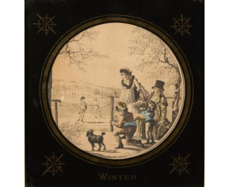 FURNISHING PRINTS.  THE FOUR SEASONS, EARLY 19TH C  etchings, hand coloured, in early 20th c Regency style verre eglomise mou