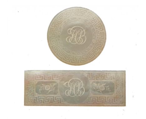 A SET OF FORTY-SIX CHINESE EXPORT MOTHER OF PEARL INITIALLED  GAMING COUNTERS, EARLY 19TH C engraved Greek key border recto a