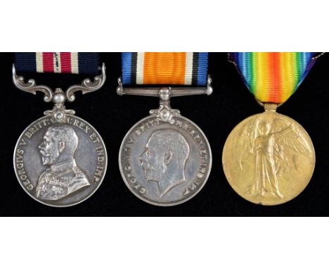 WORLD WAR ONE M M GROUP OF THREE  Military Medal, British War Medal and Victory Medal 44136 PTE R A ROBERTS 10/S WALES BORD  
