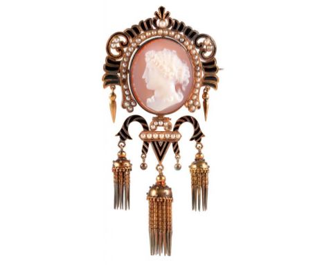 A HARDSTONE CAMEO, SPLIT PEARL, GOLD AND  BLACK ENAMEL BROOCH in gold, 98mm, unmarked, 33.8g++Good condition