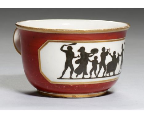 A RARE PINXTON ETRUSCAN RED GROUND BREAKFAST CUP, MANSFIELD DECORATED, C1800 painted with classical figure silhouette tablet 