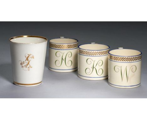 THREE WEDGWOOD WHITE WARE COFFEE CANS,  C1815-20  6.5cm h, impressed mark and a contemporary English porcelain white and gilt