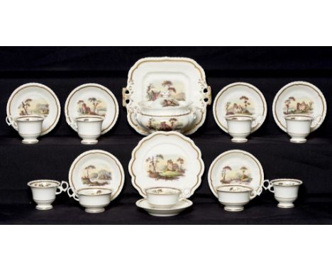 A MINTON TEA AND COFFEE SERVICE, C1830  pattern 625, painted with one or two vignettes, square plate 23.5cm  over handles (20