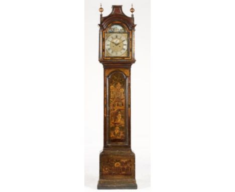 AN ENGLISH JAPANNED EIGHT DAY LONGCASE CLOCK, EDWARD CLARKE LONDON, MID 18TH C  the breakarched dial with matted centre, date