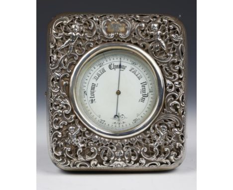 A VICTORIAN SILVER MOUNTED LEATHER BAROMETER CASE AND A CONTEMPORARY NICKEL PLATED ANEROID BAROMETER  the first crested, the 