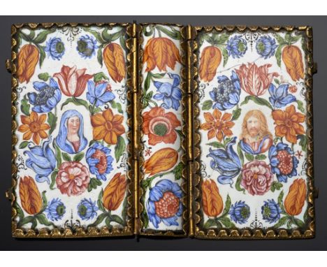 A FINE GERMAN ENAMEL BINDING,  attributed to Georg Strauch, NureMberg, 17th c  painted with  Christ and the Virgin Mary surro