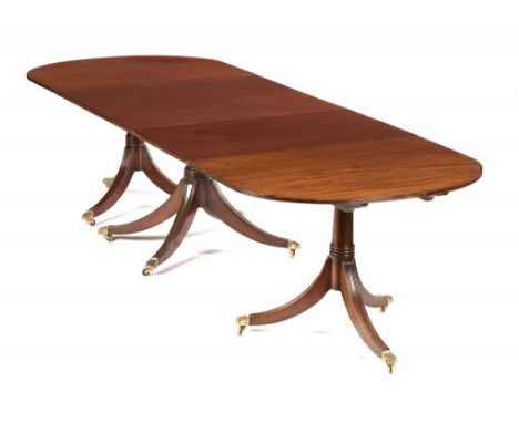 A MAHOGANY THREE PILLAR DINING TABLE, 20TH C with leaves, 72cm h; 106 x 293cm++In good secondhand condition, well cared for