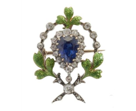 A SAPPHIRE, DIAMOND AND TRANSLUCENT ENAMEL BROOCH PENDANT, C 1900 reverse inscribed From C.M.L. Dec 27th 1918, unmarked, 5g +