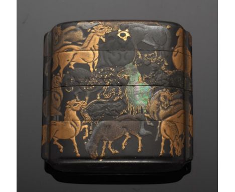 A LACQUER THREE CASE INRO, EDO PERIOD,  18TH C  decorated with wild horses in nashiji kirikane and mother of pearl, 5.6cm h, 