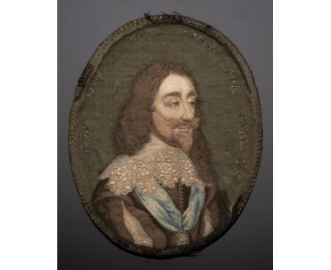 A FINE ENGLISH EMBROIDERED MINIATURE OF CHARLES I, LONDON, C1660-70 silk and metal thread, based on the 1641 engraving by Wen