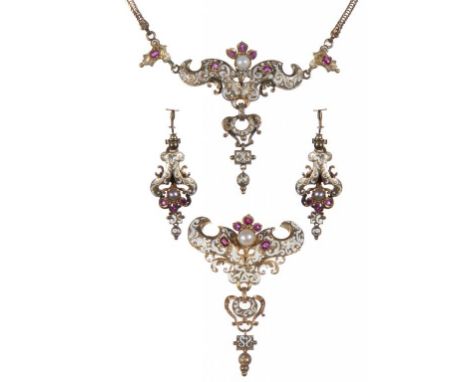 AN AUSTRO-HUNGARIAN RUBY, PEARL AND ENAMEL PARURE in gold and white gold necklace, necklace 30cm, brooch 60 x 45mm, earrings 