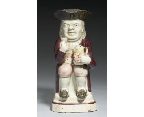 A STAFFORDSHIRE PEARL GLAZED EARTHENWARE TOBY JUG, OF UNUSUAL SMALL SIZE, C1800-20  with overglaze enamel painted decoration,