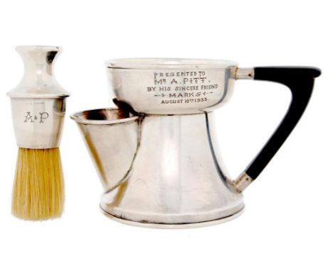 THE SILVER SHAVING MUG AND BRUSH OF ARCHIE PITT  the mug engraved presented to Mr Pitt by his sincere friend Marks August 10t