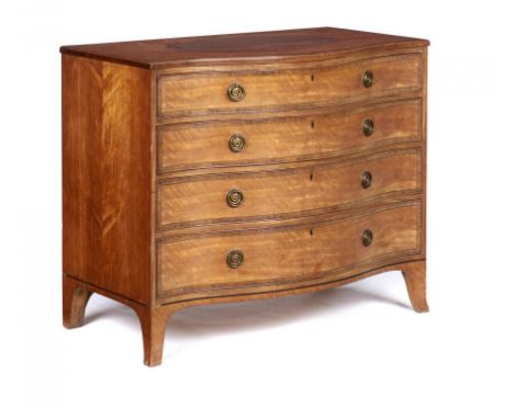 A VICTORIAN SERPENTINE SATINWOOD, MAHOGANY AND ROSEWOOD  COMMODE,   C1880  the top with figured mahogany oval, fitted four gr
