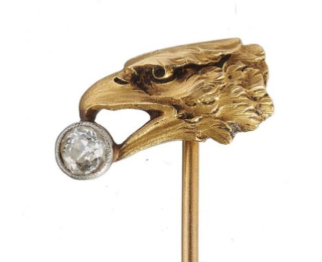 A FRENCH DIAMOND EAGLE'S HEAD STICK PIN in gold, 70mm, control mark, maker's mark poorly struck, 3.3g++Good condition