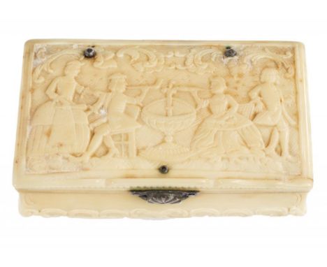 A NORTHERN EUROPEAN   BONE SNUFF BOX, LATE 18TH C   the lid and sides carved with a musical party, bird and hunting scenes, s